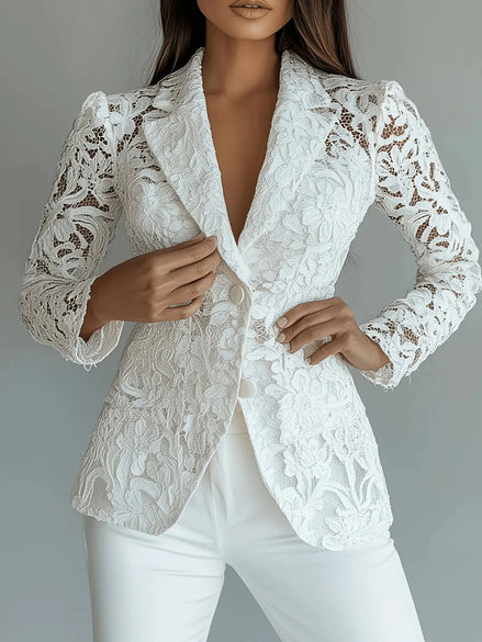 The Louisa Lace Blazer in White - floral lace single-breasted blazer by Maison Adelaide