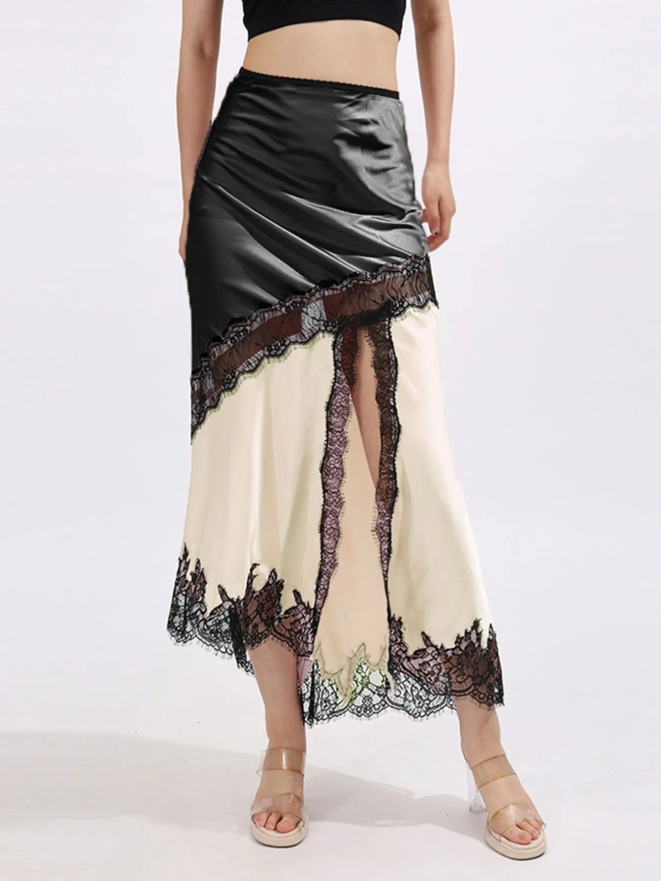 The Valérie Lace Skirt - leather and lace midi skirt by Maison Adelaide