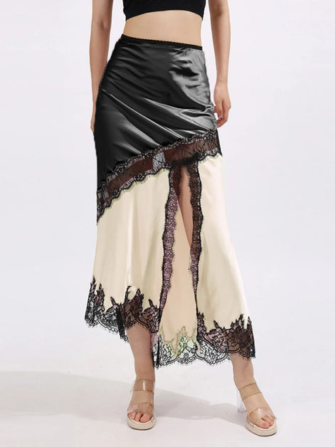 The Valérie Lace Skirt - leather and lace midi skirt by Maison Adelaide