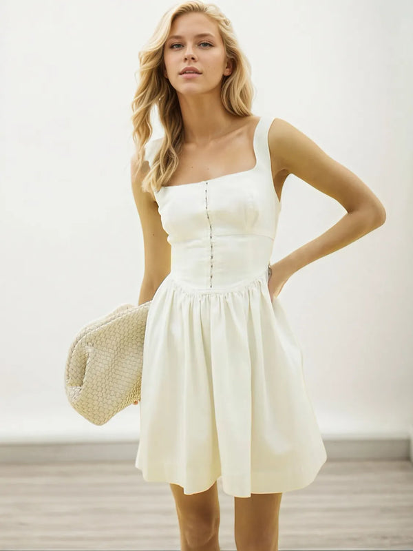 The Cécile Mini Dress - square neck mini dress in ivory by Maison Adelaide