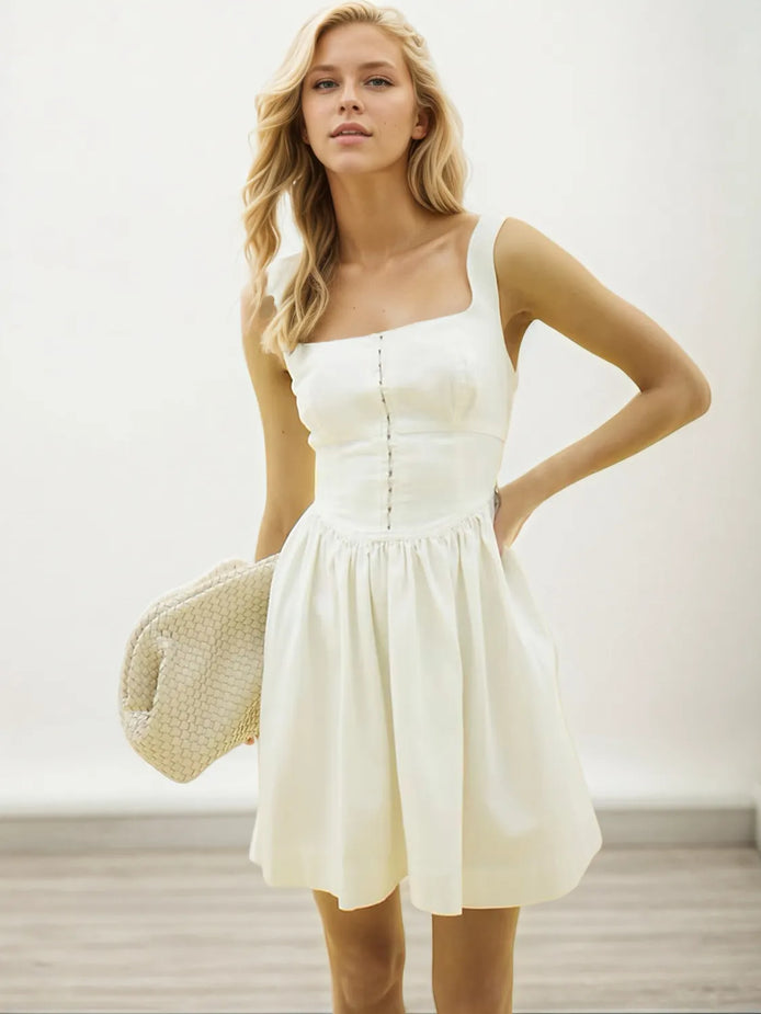 The Cécile Mini Dress - square neck mini dress in ivory by Maison Adelaide