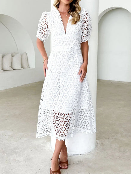 The Eyelet Puff Midi Dress in White - V-neck lace midi dress by Maison Adelaide