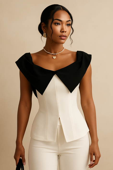 Slit Contrast Cap Sleeve Blouse